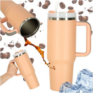 Collage of pink thermal mug with coffee beans and ice - Thermos and Beverage Holder