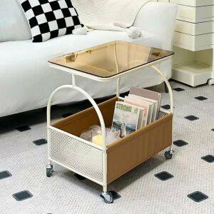 Hordozható asztal tárolórekesszel, üveglappal, fém vázzal, méretek 56 x 55 x 36 cm, fehér/fekete