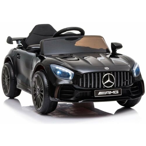 Mașină electrică neagră Mercedes AMG GT R pentru copii, vedere frontală în unghi