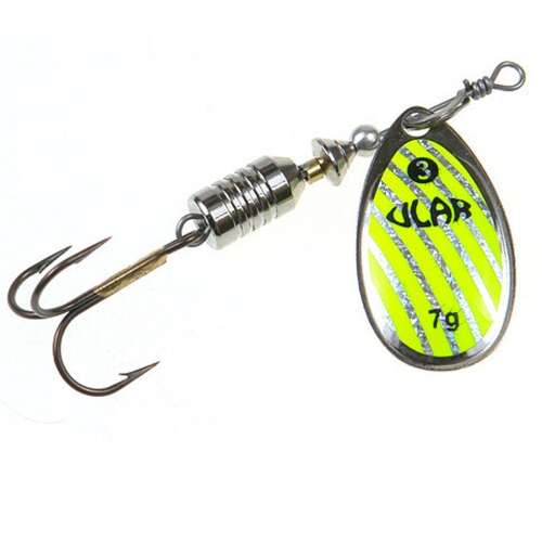 ULAR 7g sárga forgós villantó ezüst csíkokkal, horgászcsali