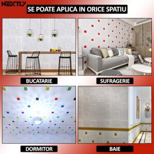 50 db öntapadós 3D tapéta NEXTLY készlet, falra vagy mennyezetre, vízálló, állítható, erős ragasztóval, könnyen felszerelhető, 24,5 m2, 70x70 cm, modern design, fehér-piros, kód 7373-27.