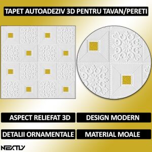 40 db öntapadós 3D tapéta NEXTLY készlet, falra vagy mennyezetre, vízálló, állítható, erős ragasztó, könnyen felszerelhető, 19,6 nm, 70x70 cm, modern design, arany-fehér, kód 7373-29.