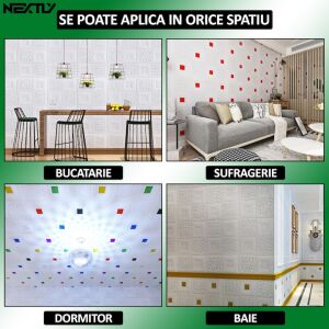 10 db öntapadós 3D tapéta NEXTLY készlet, falra vagy mennyezetre, vízálló, állítható, erős ragasztó, könnyen felszerelhető, 4,9 m2, 70x70 cm, modern design, fehér-zöld, kód 7373-28.