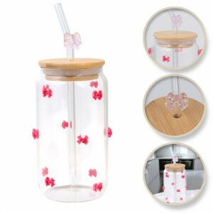 Üveg, rózsaszín masni kristályokkal - szalmával és bambusz fedővel 460 ml - SZK135