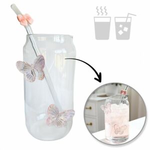 Magas csésze szívószállal, BUTTERFLIES rózsaszín 500 ml, 1 db - SZK163