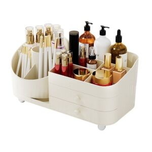 Szervező ecsetekhez, kozmetikumokhoz, fiókokkal forgatható, krém 31 x 14,5 x 11,6 cm CB66