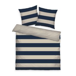 Pamut ágynemű 200x220 Tom Tailor sötétkék bézs csíkos erősítésű 80x80 párnahuzatok 137919160 - Tom Tailor