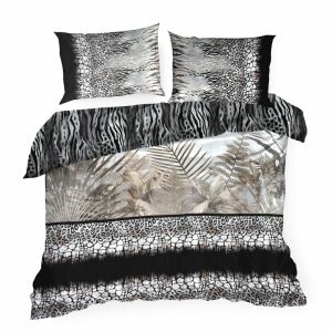 Szatén ágynemű 160x200 Eva 17 fekete bézs levélfoltok Eva Minge Eurofirany 137924080 - Ágynemű - ifjúsági és felnőtt