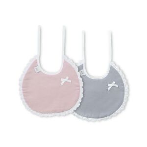 Pamut előke 2 db csipke szegéllyel szürke-rózsaszín kerek