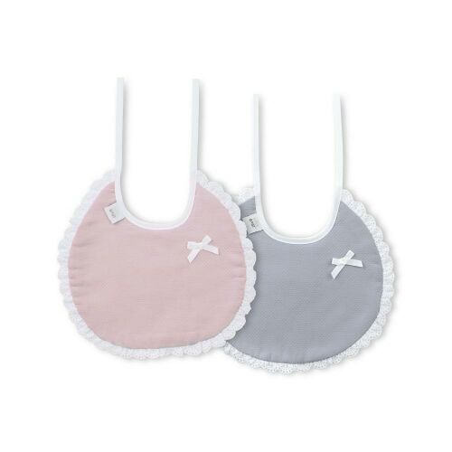 Pamut előke 2 db csipke szegéllyel szürke-rózsaszín kerek