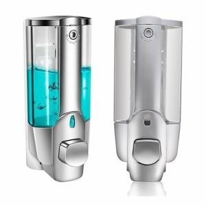 Dozator de săpun argintiu, montat pe perete, vedere frontală și spate - Distribuitor de săpun