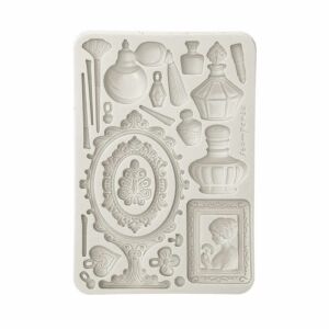 Szilikon A5 öntőforma álarcosbál szépség kiegészítőkhöz: parfümös üvegek, sminkecsetek és vintage keretek - Stamperia