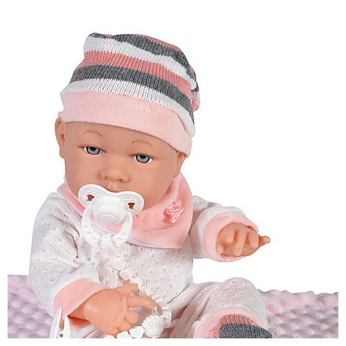 Moni Toys BABA 41cm újszülött baba cumival, takaróval, rózsaszín csíkos sapkában