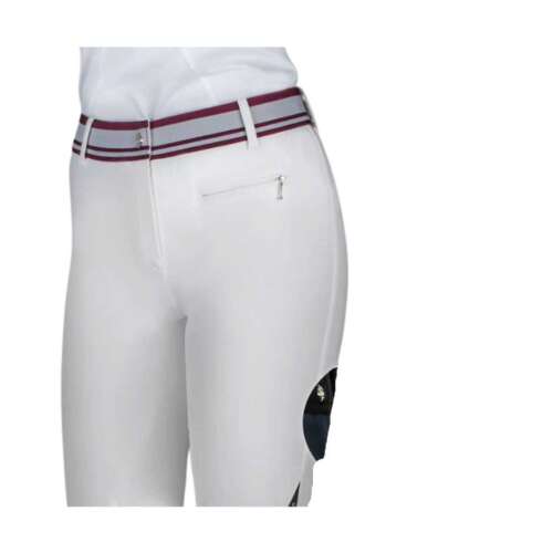 Equiline Cyclamen női lovaglónadrág, fehér, bordó és szürke övvel, szilikon térdpárnákkal