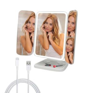 Skladacie kozmetické zrkadlo s LED osvetlením, nastaviteľný uhol - Biele s USB káblom - Kozmetické zrkadlá