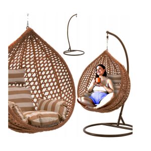 Technorattan függőfotel csíkos párnával, bézs színű, beltéri és kültéri használatra - Ramiz