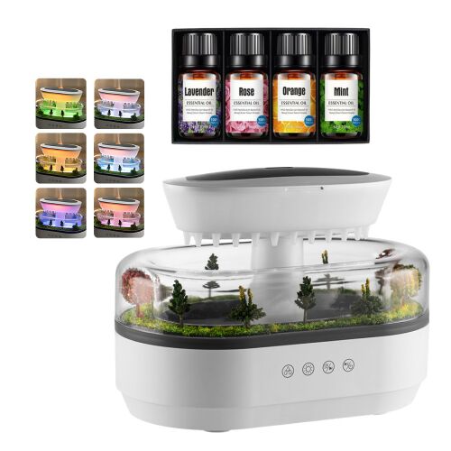 Esőcsepp Aroma Diffúzor Párásító - LED, Fehér Zaj, 4 Illóolaj