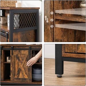 Koláž zobrazujúca detaily rustikálnej hnedej komody: nastaviteľné police, mechanizmus posuvných dverí, oceľový rám a nastaviteľné nožičky. - Príborníky