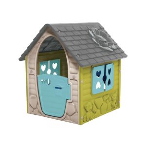 Első házam játszóház bézs és zöld színben, ideális gyerekeknek, szív alakú ablakokkal és állatdomborművekkel - Szabadtéri játék és felszerelés