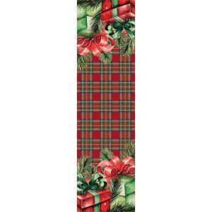 Karácsonyi Asztali Futó - Piros Kockás Ajándék Minta, 38x140 cm