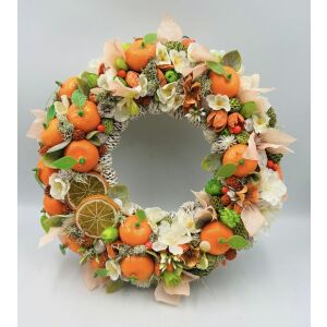 Citrus témájú ajtódísz narancsokkal és fehér virágokkal - Ajtódísz