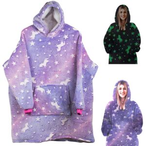 Pulover pătură oversize cu model unicorn și stele, colaj 2 în 1 cu glugă pătură purtabilă - Pulovere pentru femei