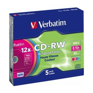 CD-RW SERL Verbatim 700 MB 8x-12X farebné, balenie po 5 tenkých diskov