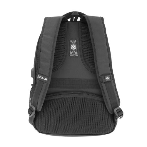 Tellur 15.6 palcový čierny batoh na notebook s USB portom - pohľad zozadu zobrazujúci dizajn prúdenia vzduchu