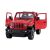 Pohľad spredu na červené Rastar Jeep Wrangler Rubicon RC auto s otvorenými dverami