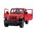 Pohľad spredu na červené Rastar Jeep Wrangler Rubicon RC auto s otvorenými dverami
