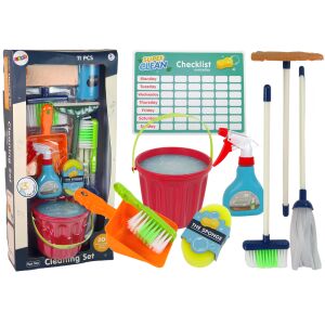 Set de curățare 11 în 1 pentru copii, mop, găleată, făraș, burete spray 140707045 - Lean Toys