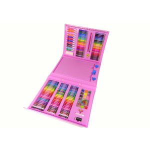 Geöffnetes Super Mega Kunstset im rosa Koffer, 208 Teile, vollständige Ansicht der Kunstbedarf - Schreibwaren-Sets