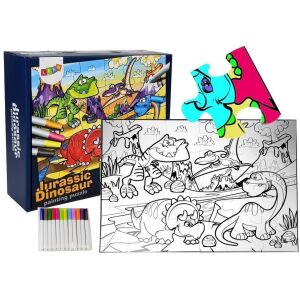 LeanToys Puzzle de colorat cu dinozauri jurasici, 24 de piese, cu markere, puzzle asamblat, cutie și piesă separată - Puzzle