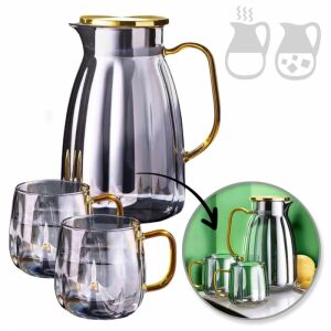 Boroszilikát Üveg Kancsó Szett - Hullámos, Fedeles - 1600ml + 2 Pohár