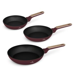 Berlinger Haus Leonardo Nordic Collection 3-Piece Frying Pan Set - Burgundy, Wood Handle - Cookware & bakeware