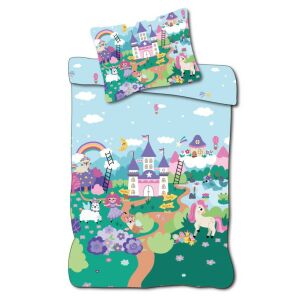 Set lenjerie de pat pentru copii Unicorn Fairyland 100x135cm, 40x60cm. Design drăguț cu unicorn și castel pentru copii. - Nonbrand Lenjerie de pat - grădiniță