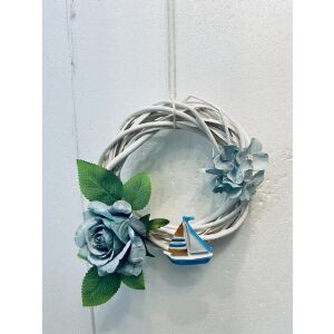 Tengerparti Hangulat Koszorú kék rózsákkal, hortenziával és vitorlás díszítéssel - Ajtódísz