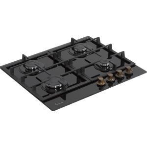 Schrägansicht des Lucea Plita FBH-S4IWF-GRBK Gaskochfelds mit schwarzem Glas und Messingknöpfen - Kochplatten