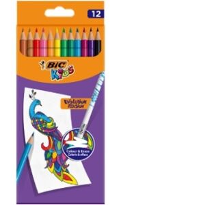 BIC Kids Evolution Illusion radierbare Buntstifte, Schachtel mit 12 Stück 138726433 - Farbstifte