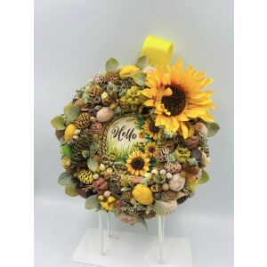 Napraforgós ajtódísz 'Hello' felirattal, dekoratív virágkoszorú - Ajtódísz