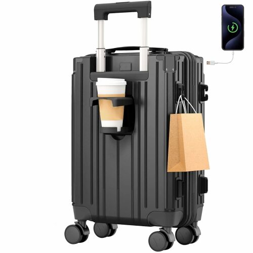 Közepes méretű bőrönd 66x45x26 cm, Quasar & Co., ZENO modell, ABS+PC bőrönd, Rejtjel bőrönd, teleszkópos fogantyú, 4 dupla csendes kerék 360°-os forgással, feladott poggyász, pohártartó, Fekete 140811754