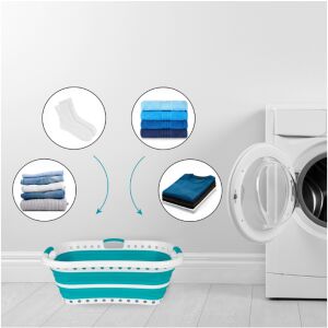 Beldray Zusammenklappbarer Wäschekorb neben Waschmaschine mit Kleidung, Handtüchern und Socken - Wäschekörbe