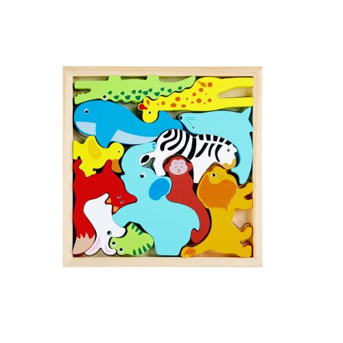 Puzzle din lemn cu animale pentru copii mici, cu leu, iepure, elefant, zebră și alte animale.