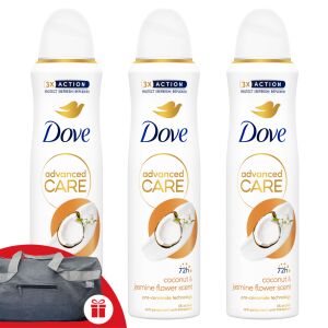 Dove Advanced Care Dezodor s vôňou kokosu a jazmínu 3x150ml + Športová taška Dove zadarmo - Dove
