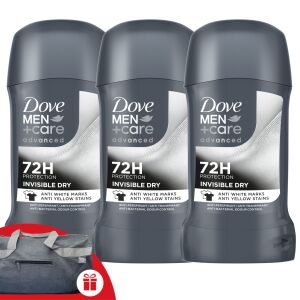 Dove Men+Care Advanced Invisible Dry Antyperspirant w sztyfcie 3x50ml z torbą sportową gratis - Uroda i zdrowie
