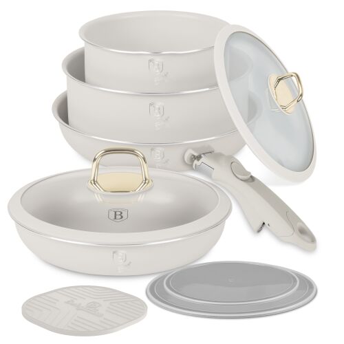 Berlinger Haus BH-8253 Sahara Collection 9-Piece Cookware Set - Cream, stackable pots and pans with detachable handle
