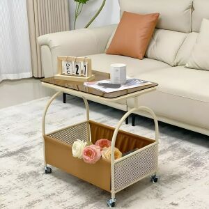 Herum Creme mobiler Couchtisch mit Glasplatte und Aufbewahrung - Couchtische