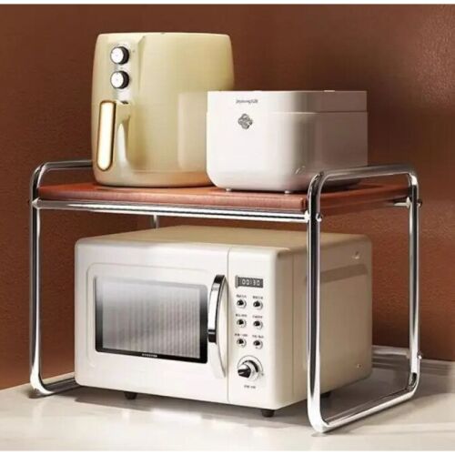 Raft pentru cuptor cu microunde cu cadru metalic și raft MDF, organizator de bucătărie în gri și maro.