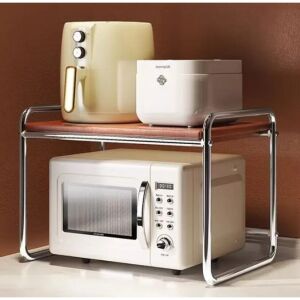 Микровълнова печка с метална рамка и MDF рафт, кухненски органайзер в сиво и кафяво. - Кухненски стелаж за съхранение