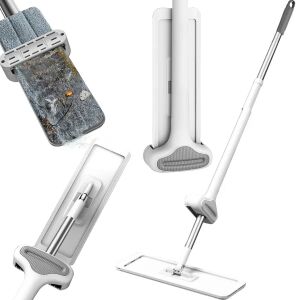 Selbstauswringender Flachwischer mit 125 cm Stiel, der Reinigungs- und Faltfunktionen demonstriert - Felmosó